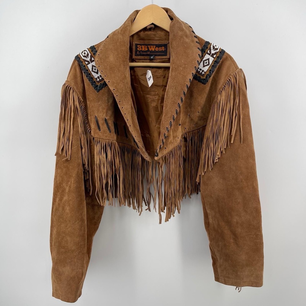 3B West Women's M Western Suede Fringe Jacket Beaded Brown VTG Cut